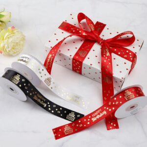 Gift Wrapping Satin Ribbon with Letter Print Happy Birthday, Black 1 Inch 25 Yards