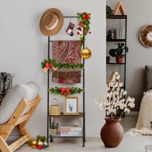 Blanket Ladder Christmas Stocking Holders for Mantle Black Towel Ladder with Shelf Metal Blanket Ladder Holder for Bathroom Standing Ladder Towel Rack with Hooks for Living Room Bedroom Laundry Room