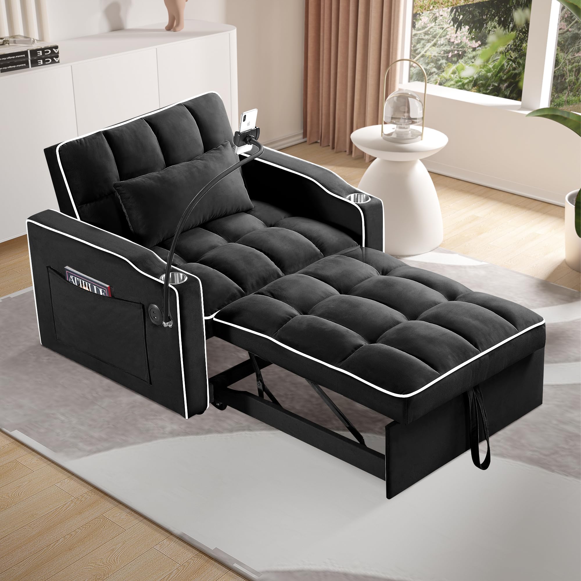 Setawix Convertible Chair Bed Sleeper, Tufted Velvet Pull Out Sleeper Chair with USB Ports & Phone Holder, Adjustable Armchair with Cup Holder Single Sofa Chair for Living Room Bedroom, Black