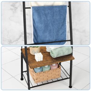 Blanket Ladder Christmas Stocking Holders for Mantle Black Towel Ladder with Shelf Metal Blanket Ladder Holder for Bathroom Standing Ladder Towel Rack with Hooks for Living Room Bedroom Laundry Room