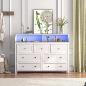 GlouMod LED Dresser with Charging Station, 7 Drawer Dresser for Bedroom, Chest of Drawers with RGB Lights, Wood Dresser with Deep Drawers for Bedroom, Hallway, White Dresser