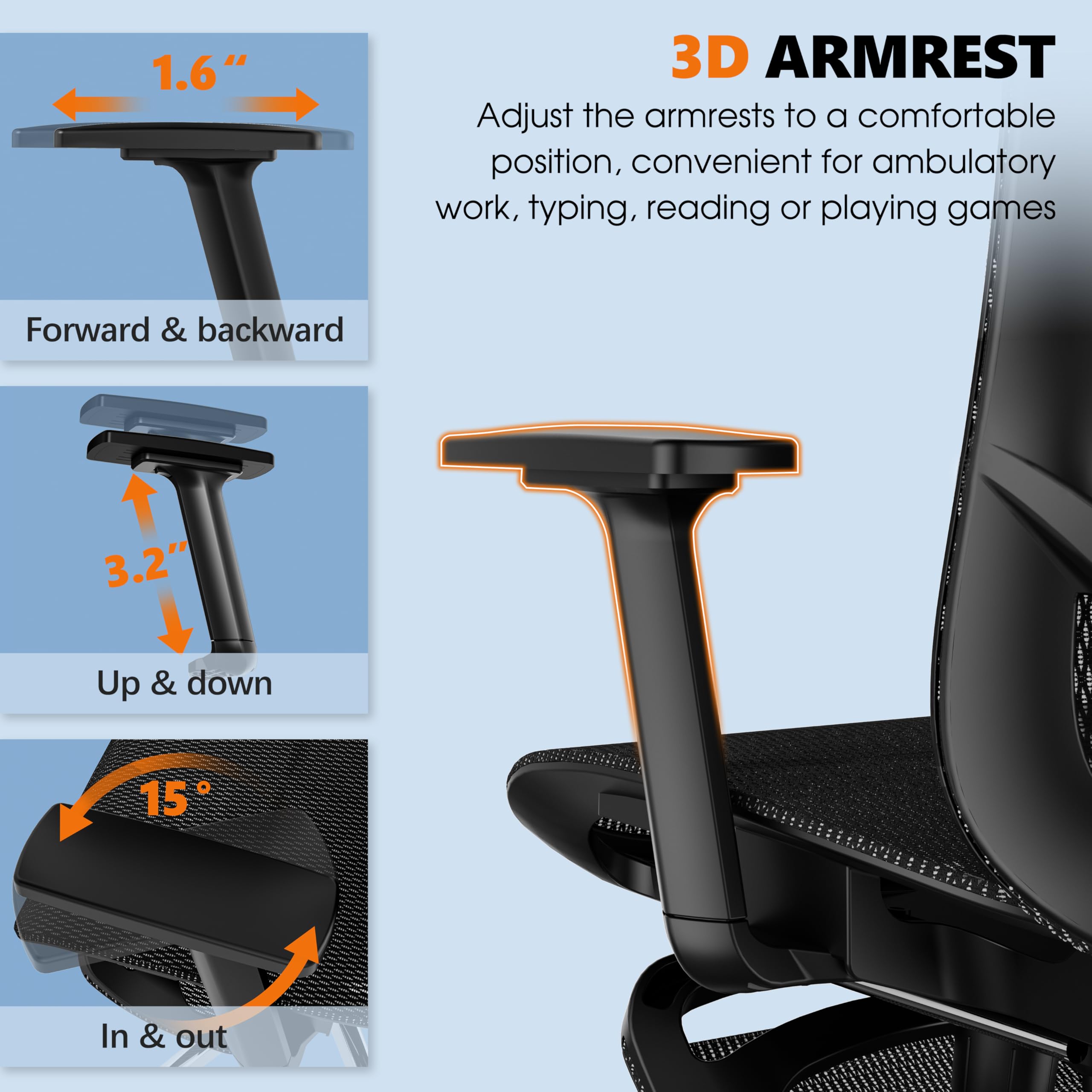 GABRYLLY Ergonomic Office Chair with Adjustable Lumbar Support, 3D Armrests & Headrest, 135° Reclining Chair with Footrest & Large Steel Base,300LBS Swivel Desk Chair(GYMN01)