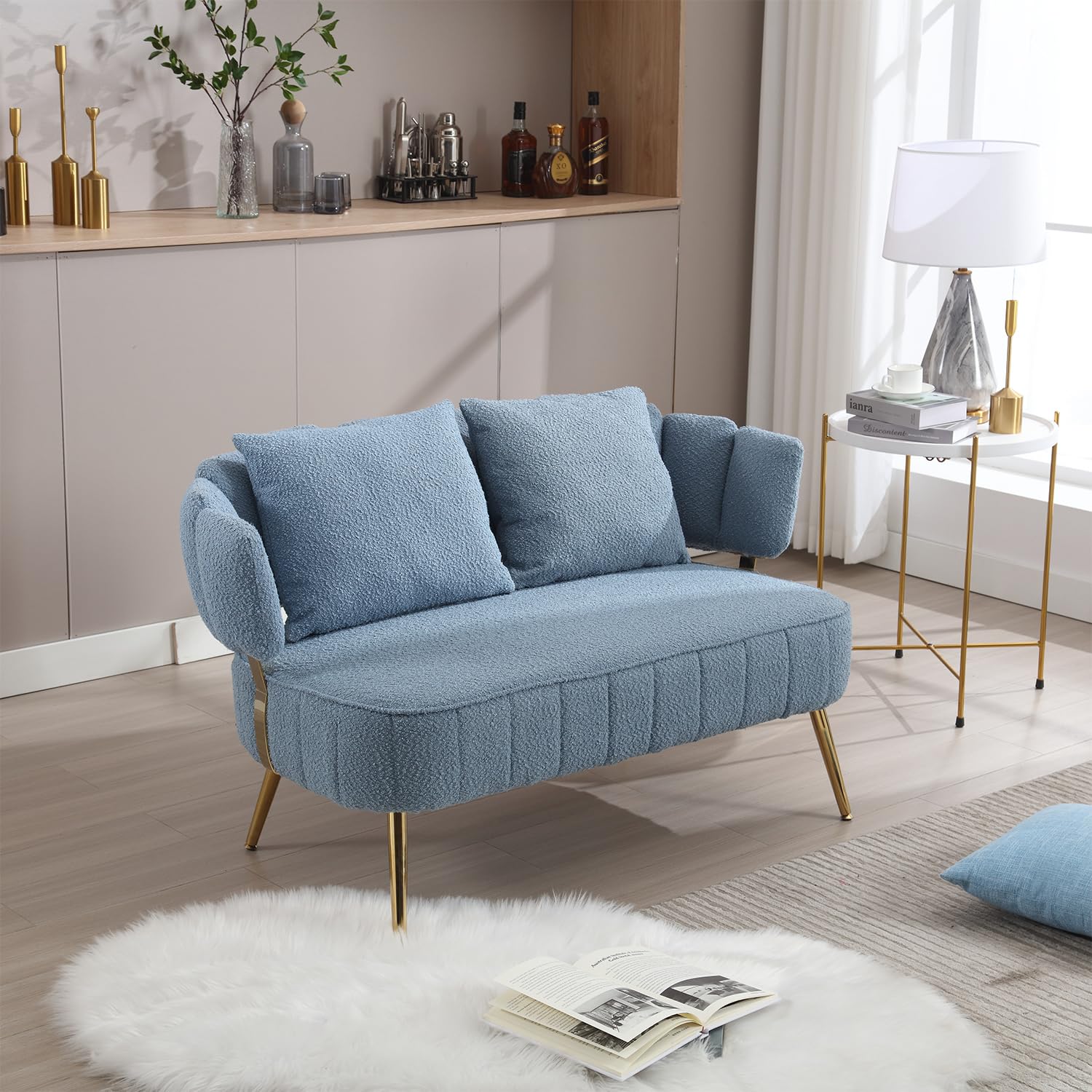 Modern Loveseat Sofa Couch,Futon Small Sofa with Gold Metal Legs, 2-Seater Upholstered Mini Love Seat Sofa Couches for Living Room Bedroom Office Balcony Studio Apartment Easy to Assemble (Light Blue)