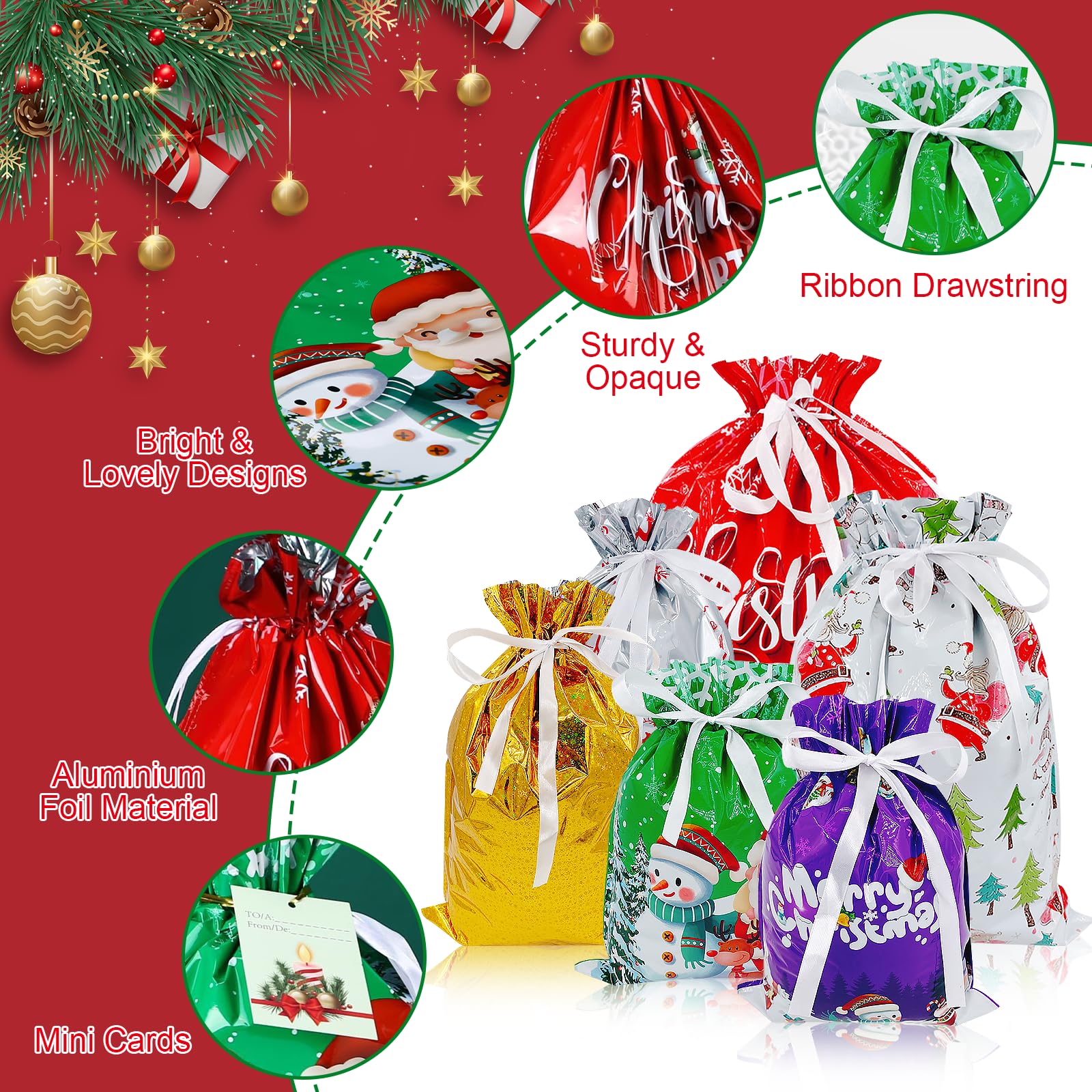 Qzndhrua Christmas Gift Bags - Christmas Drawstring Bags 30 PCS - Christmas Packaging Bags - 10 Seconds Wrapping, Christmas Party Bags with Tags