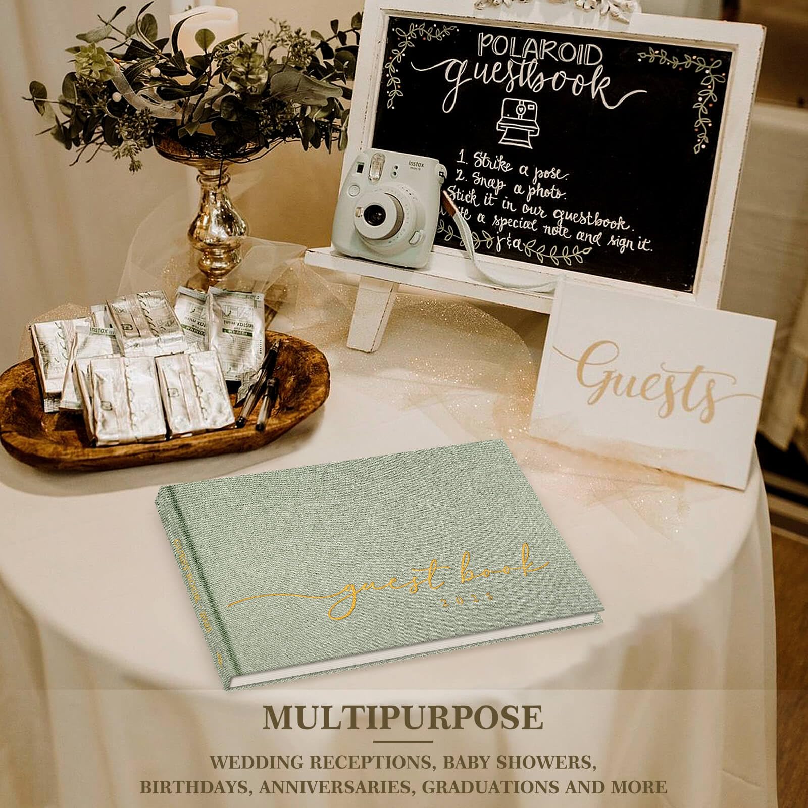 Lanpn Wedding Guest Book 2025 - Linen Hardcover Polaroid Guestbook Wedding Reception with 108 Blank Pages for Sign in and Photos - Guest Book for Wedding Bridal Shower Baby Shower Party (Sage Green)