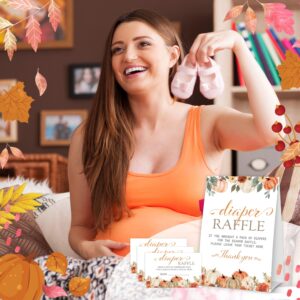 Thanksgiving Diaper Raffle Tickets, Fall Pumpkin Baby Shower Raffle Tickets for Gender Reveal Party Games, Autumn Baby Shower Decorations, 1 Sign & 50 Guess Cards-A04