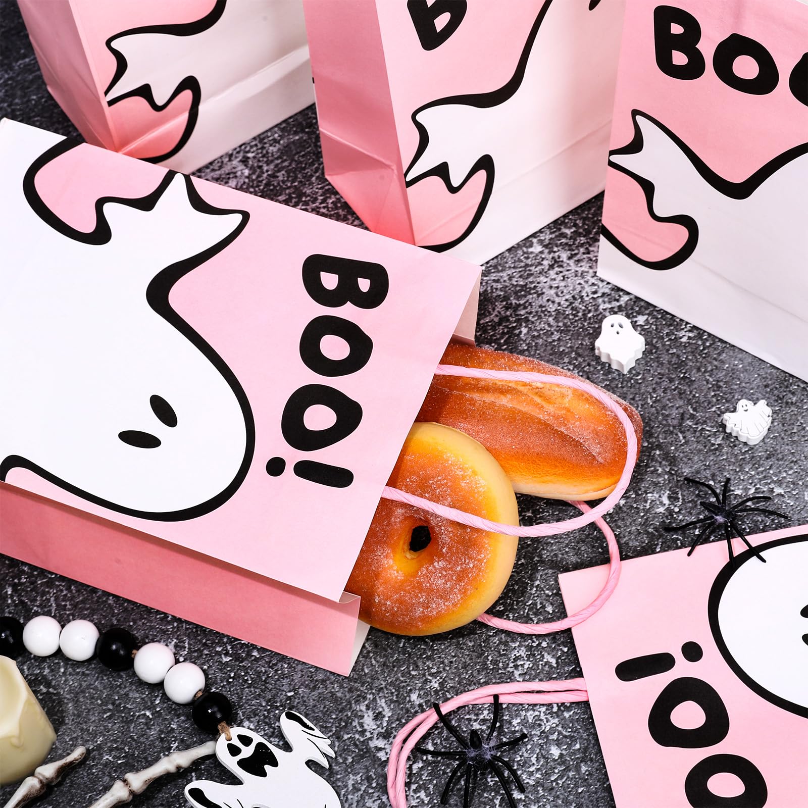 JarThenaAMCS 24Pcs Halloween Paper Gift Bags Ghost Boo Pink with Handles Party Favor Bags Kraft Candy Goodie Treat Bags for Halloween Birthday Party Favors Supplies 8.3 Inch