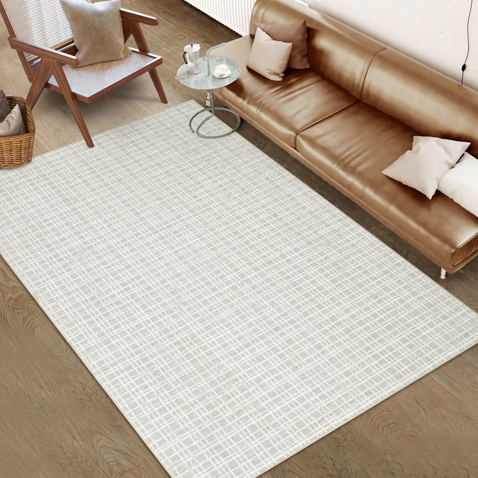 LUXLOOM Washable Area Rug 9x12 Rug for Living Room Modern Plaid Large Area Rug for Bedroom Decor Farmhouse Non Slip Throw Rugs Low Pile Stain Resistant Carpet for Office Dining Room 9'x12' Light Grey