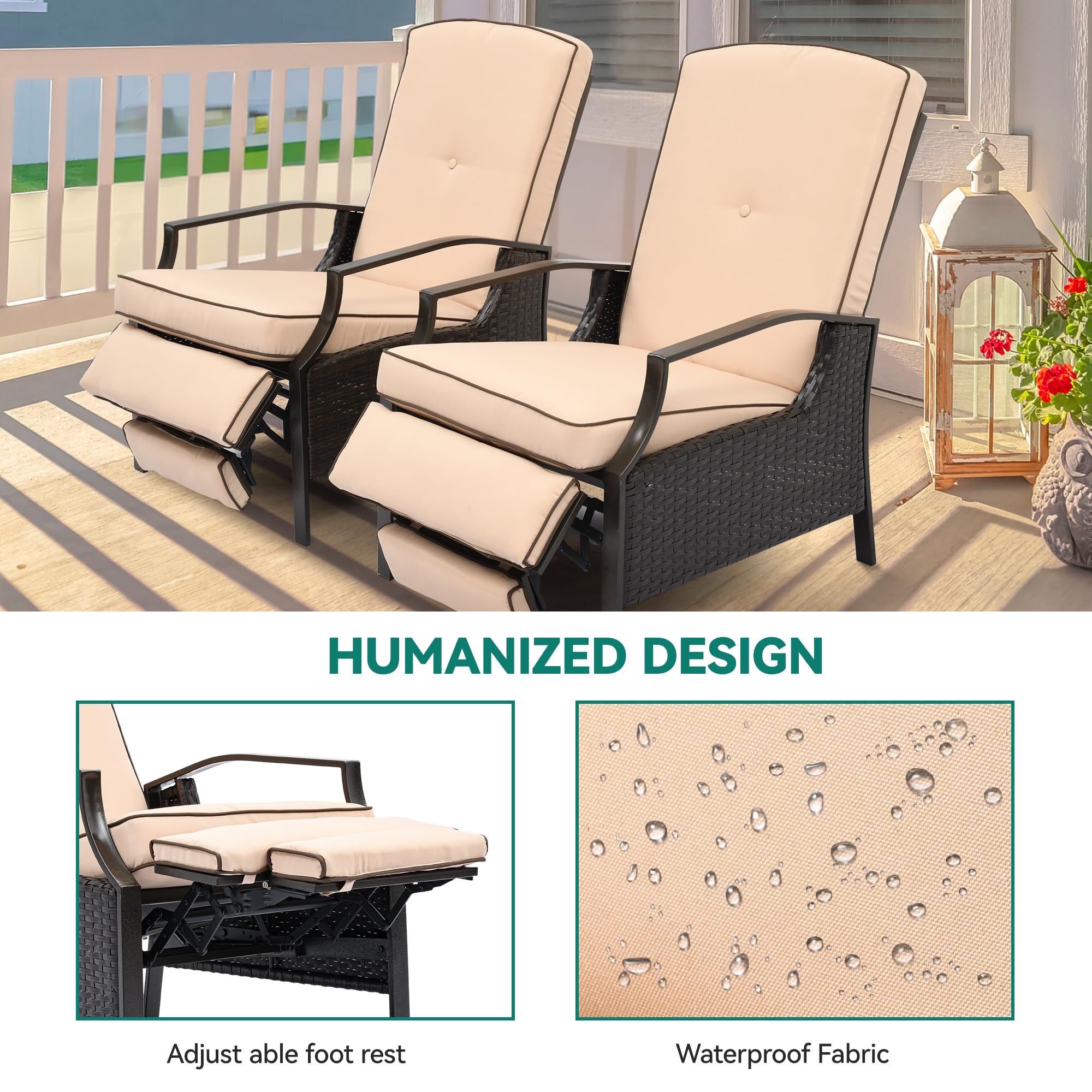 YITAHOME Patio Outdoor Recliner Chairs Set of 2 Adjustable Wicker Reclining Lounge Chairs, Dual-use Rattan Lounge Chairs with Soft Thick Cushions, Extended Footrest, Flip Back (Brown + Beige)