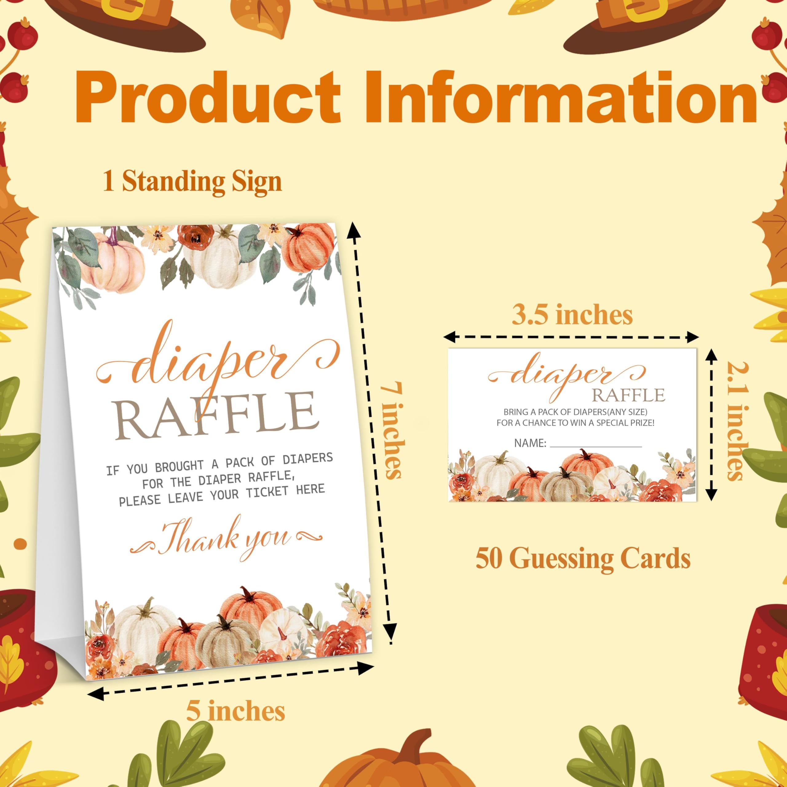 Thanksgiving Diaper Raffle Tickets, Fall Pumpkin Baby Shower Raffle Tickets for Gender Reveal Party Games, Autumn Baby Shower Decorations, 1 Sign & 50 Guess Cards-A04