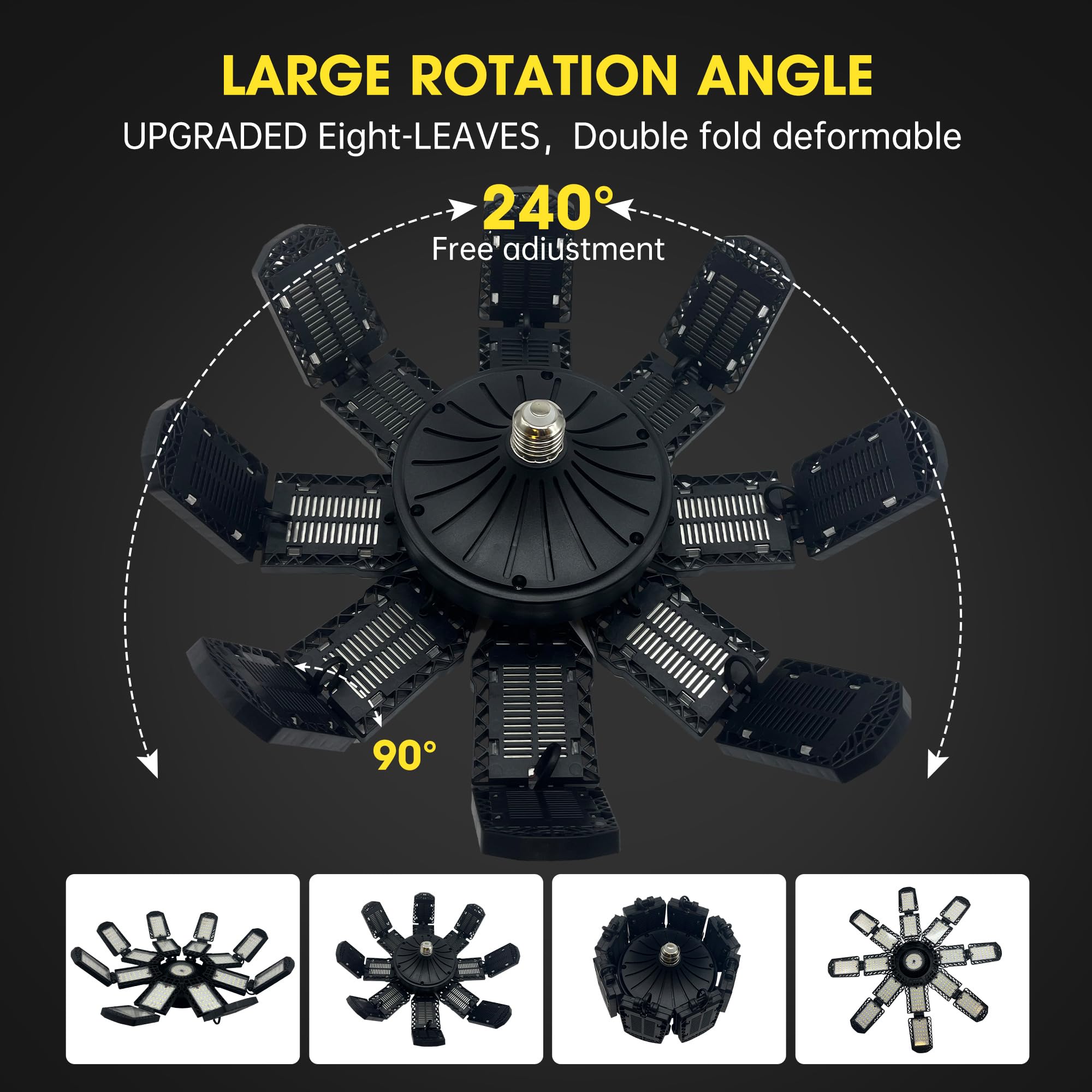 PINSAI LED Garage Light,Super Bright Screw in E26/E27 Ceiling Shop Work Lamp, 350W 35000 Lumen Deformable Basement Bulb Fixture with 16+1 Adjustable Panels, Lighting for Workshop, Attic