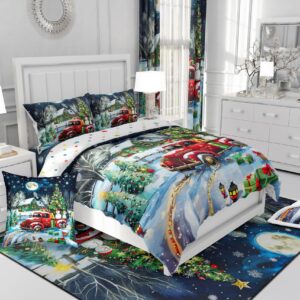 Rustic Farmhouse Xmas Comforter Set King Size,Retro Red Truck Snowman Duvet Insert for Kids Boys Girls Room Decor,Snowflake Cabin Christmas Tree Bedding Set 3Pcs,Xmas Theme Quilt Set,2 Pillowcases