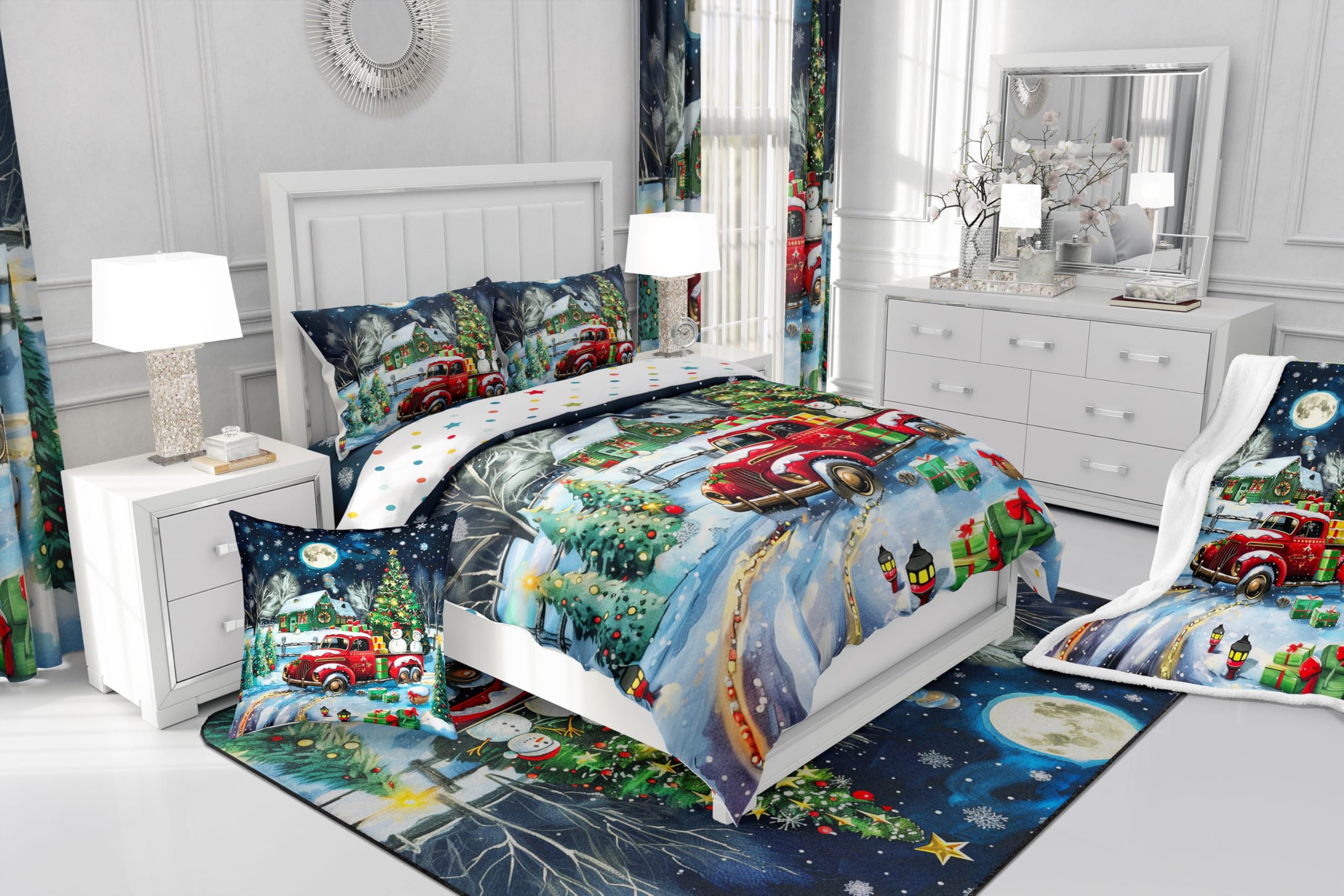 Rustic Farmhouse Xmas Comforter Set King Size,Retro Red Truck Snowman Duvet Insert for Kids Boys Girls Room Decor,Snowflake Cabin Christmas Tree Bedding Set 3Pcs,Xmas Theme Quilt Set,2 Pillowcases