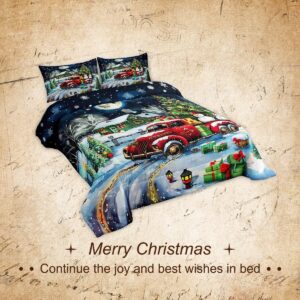 Rustic Farmhouse Xmas Comforter Set King Size,Retro Red Truck Snowman Duvet Insert for Kids Boys Girls Room Decor,Snowflake Cabin Christmas Tree Bedding Set 3Pcs,Xmas Theme Quilt Set,2 Pillowcases