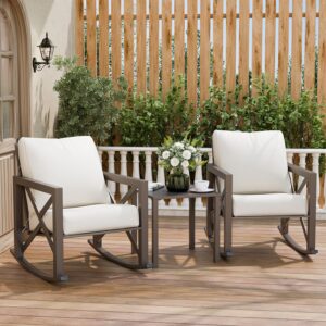 vonzoy rocking bistro set, 3 piece outdoor patio furniture set with 2 rockers and 1 metal coffee table, rattan conversation sets with thick cushions for backyard, porch, poolside (khaki)