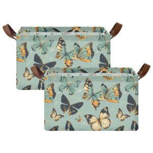 KUEJOP Mint Green Butterflies Rectangle Storage Bin, Decorative Collapsible Organizer Storage Basket with Handles for Home