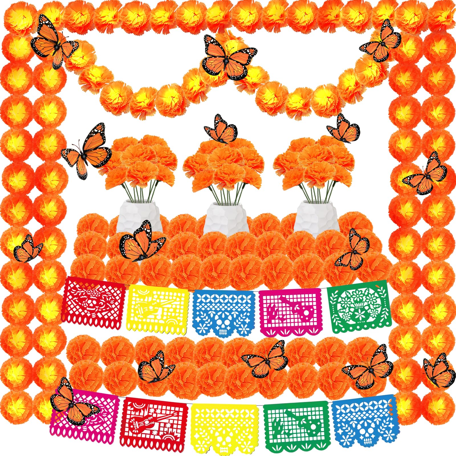 Day of The Dead Decorations Kit,9 Mexican Banners Papel Picado,9.8ft 20Led Marigold Garland,20 Marigold Flowers with Stem,12PCS Butterfly,Dia de Los Muertos Decorations for Halloween Indian Party