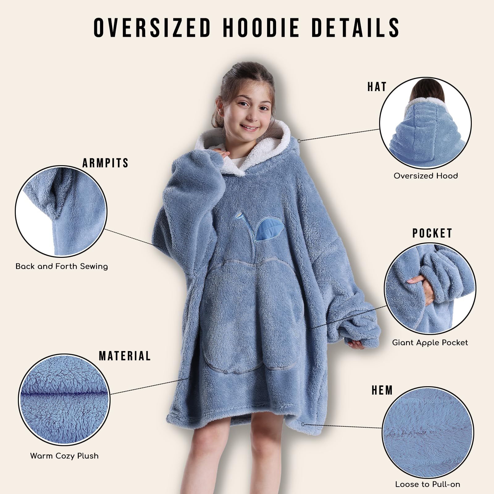 GoodtoU Wearable Kids Blanket Hoodie, Oversized Hooded Blanket Fluffy Plush Blanket Sweatshirt Warm Cozy Gifts for Boys Girls - Blue