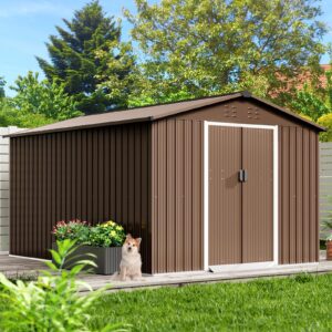 garveelife 8x15 ft outdoor storage shed, large garden metal shed with sloped roof & lockable door, backyard garden patio lawn outdoor shed for organising tools and equipment in yard, garden, brown