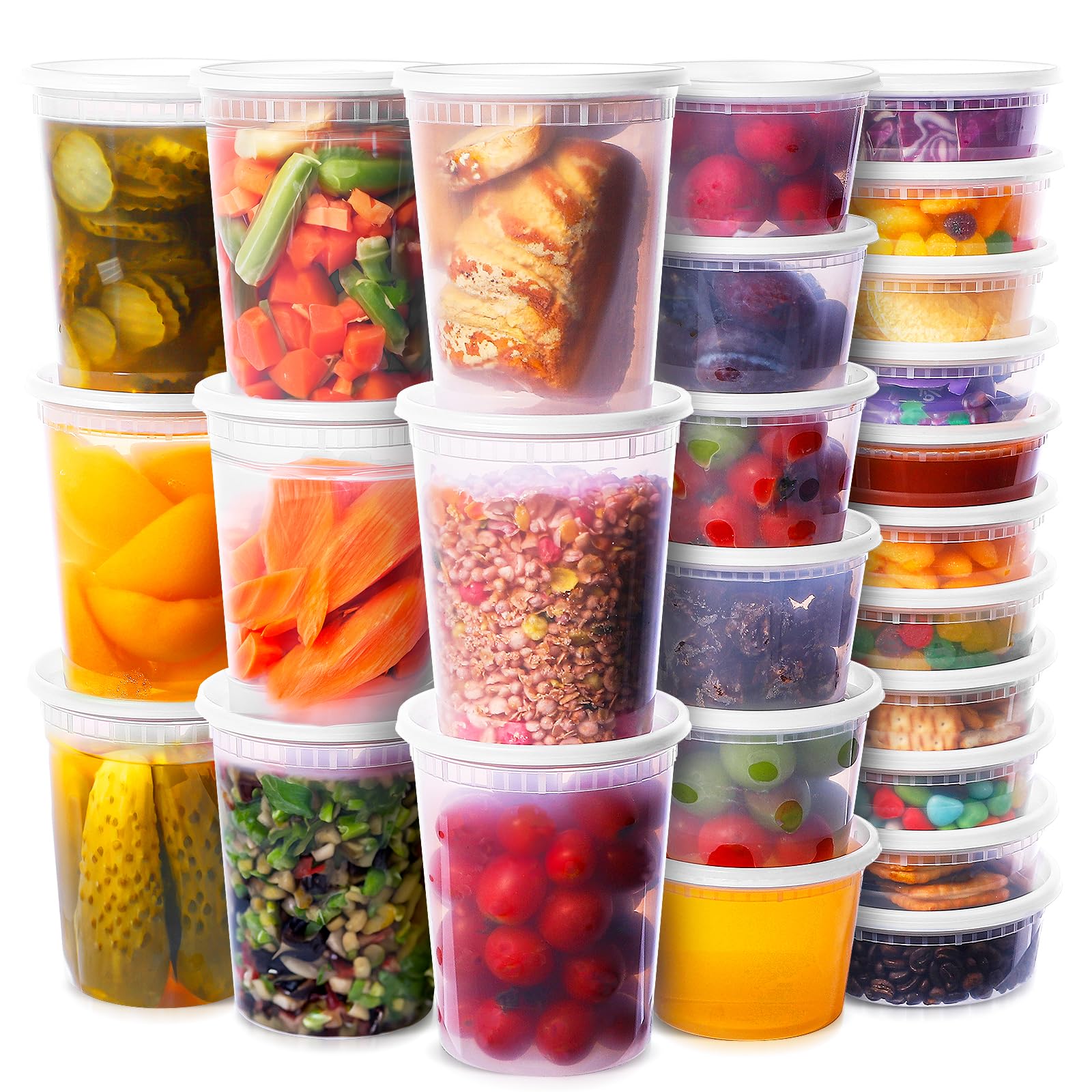 RANLITTLE Deli Containers with Lids 48 Sets - Soup Containers with Lids 8oz, 16oz, 32oz - Clear Plastic Food Containers with Lids, Leakproof, BPA Free, Reusable Take Out Containers for Restaurant