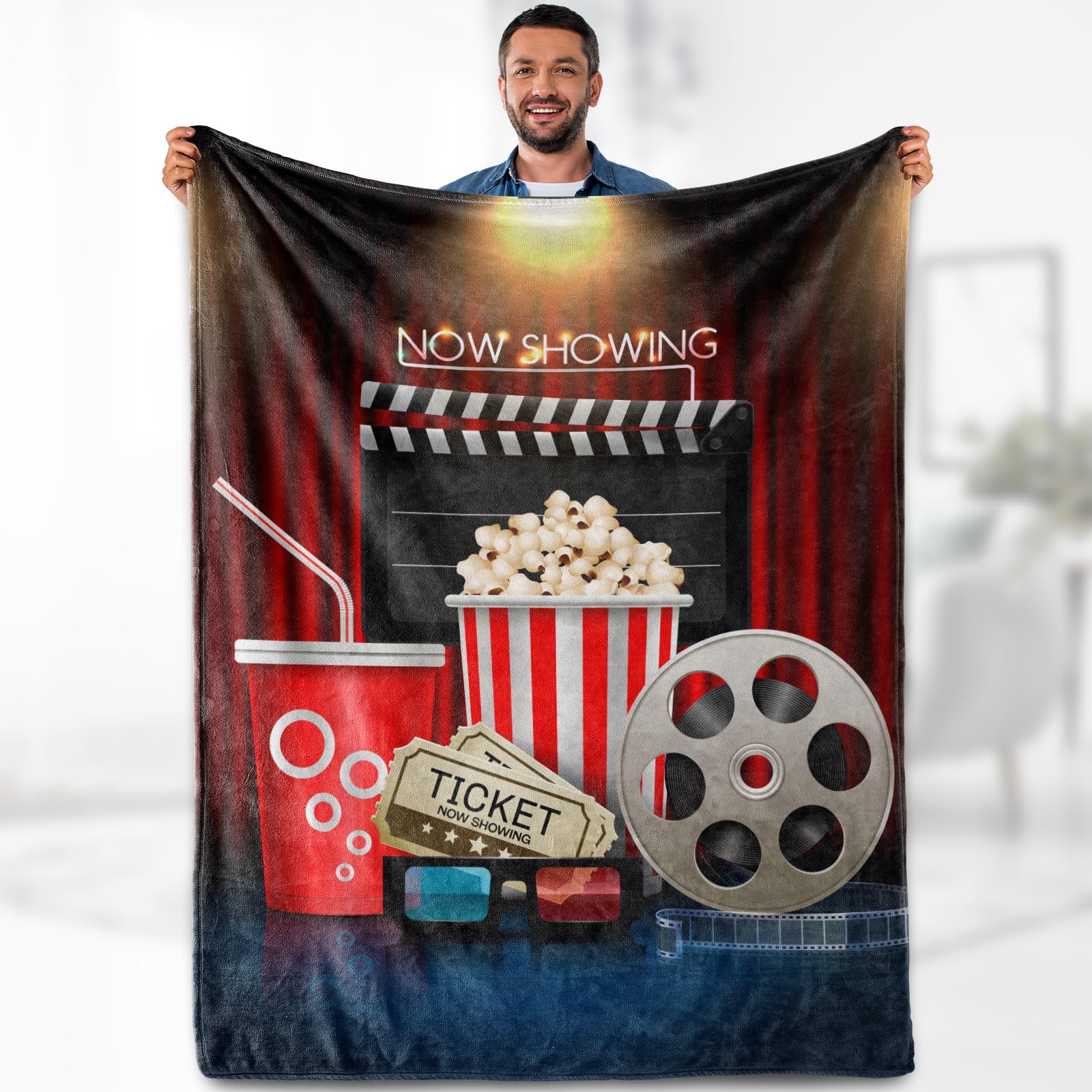 Movie Night Popcorn Gifts Blanket - Retro Movie Theater Reel Theme Throw for Adults Kids Movie Lover Actor Home Film Cinema Decor Soft Fuzzy Cozy Birthday Christmas Lightweight Blanket 50"x60"