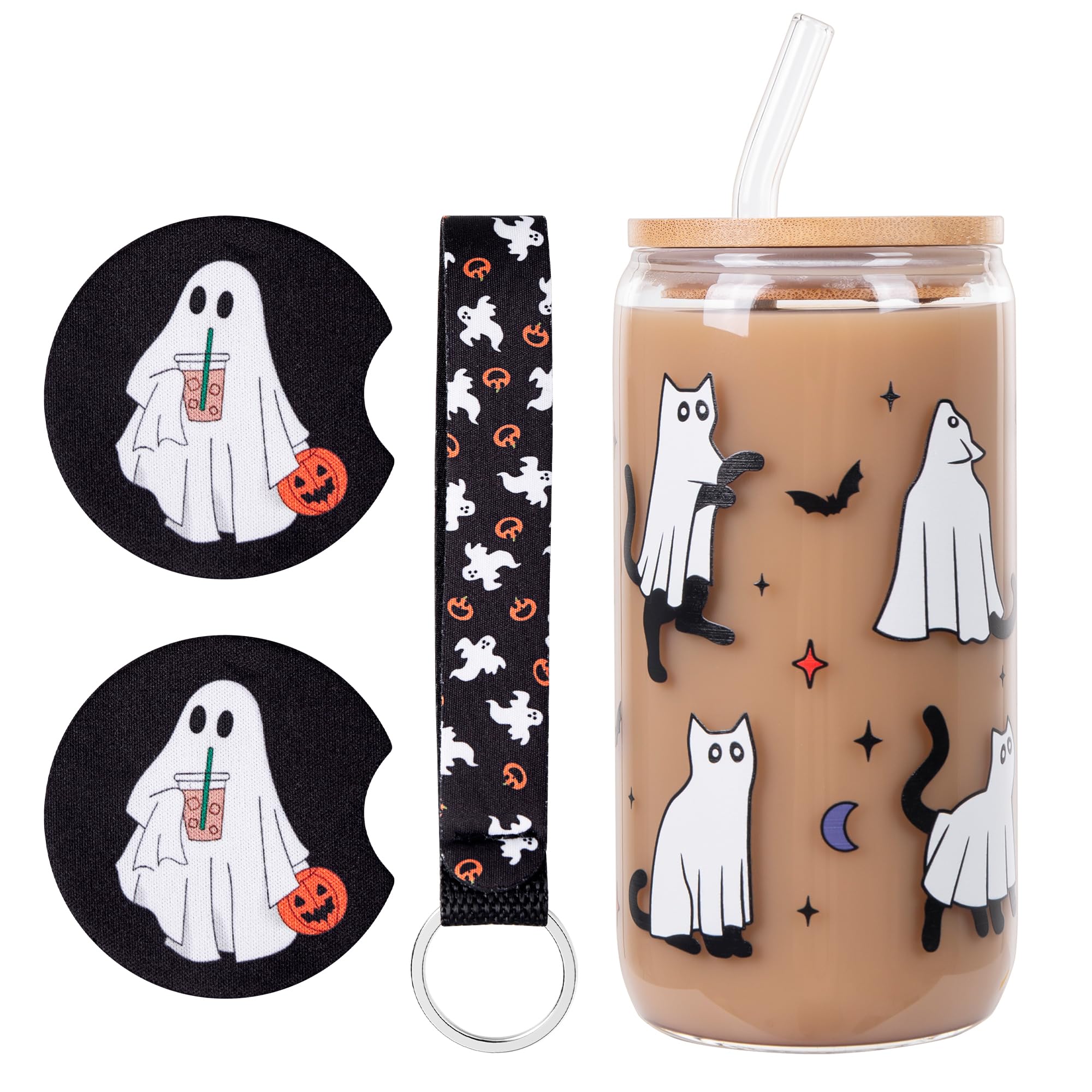 Halloween Glass Cups, 18oz Halloween Cute Ghost Cat Glass Cup w/Lids Straws, Halloween Tumbler Mug, Halloween Spooky Gifts, Boo basket stuffers, With Halloween Car Coasters and Keychain Wristlet