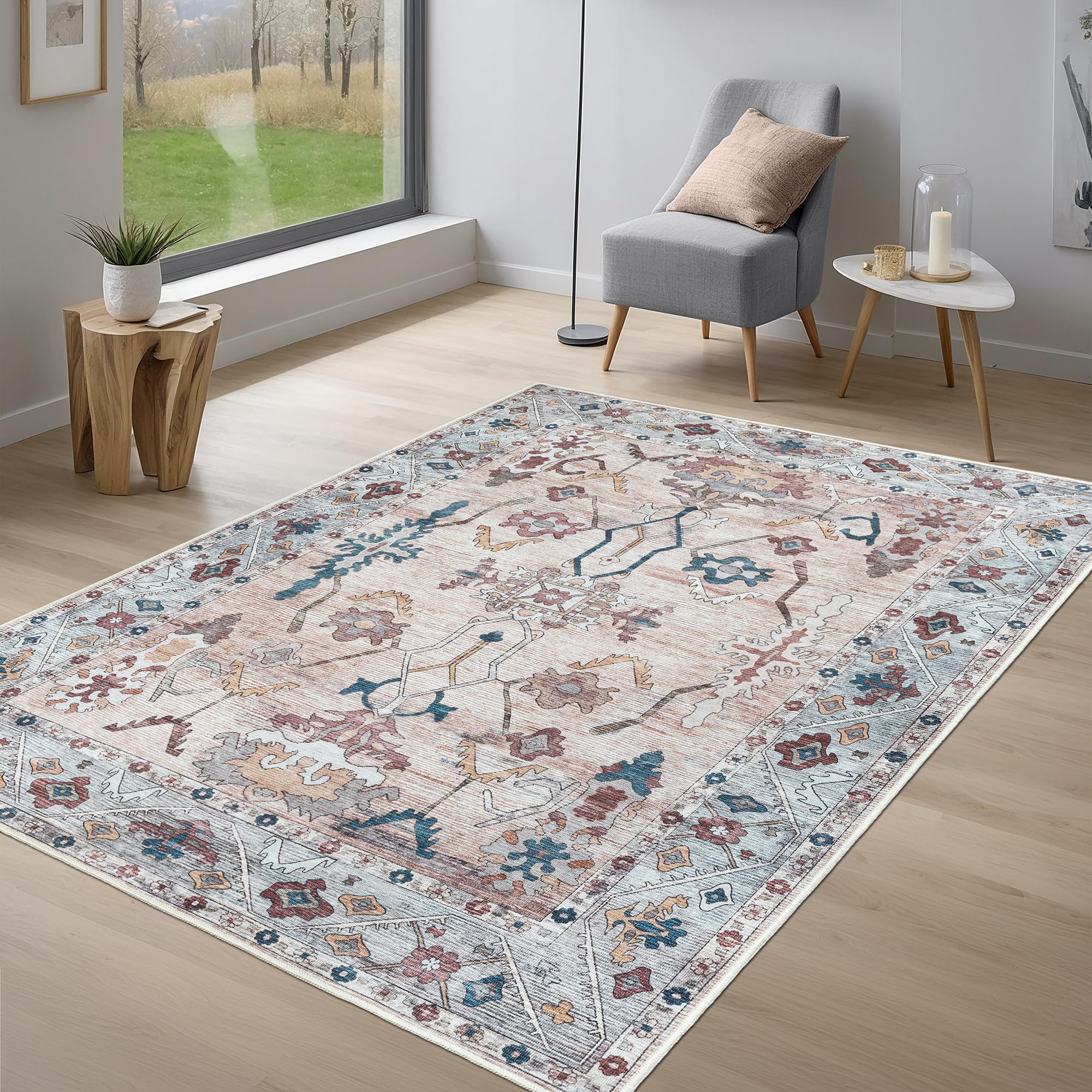 Adiva Rugs 3x5 Machine Washable Area Rug with Non Slip Backing for Living Room Bedroom Bathroom Kitchen Mats for Floor Decor Anti Fatigue Non Skid Door Carpet (Multi Cream, 3' x 5')