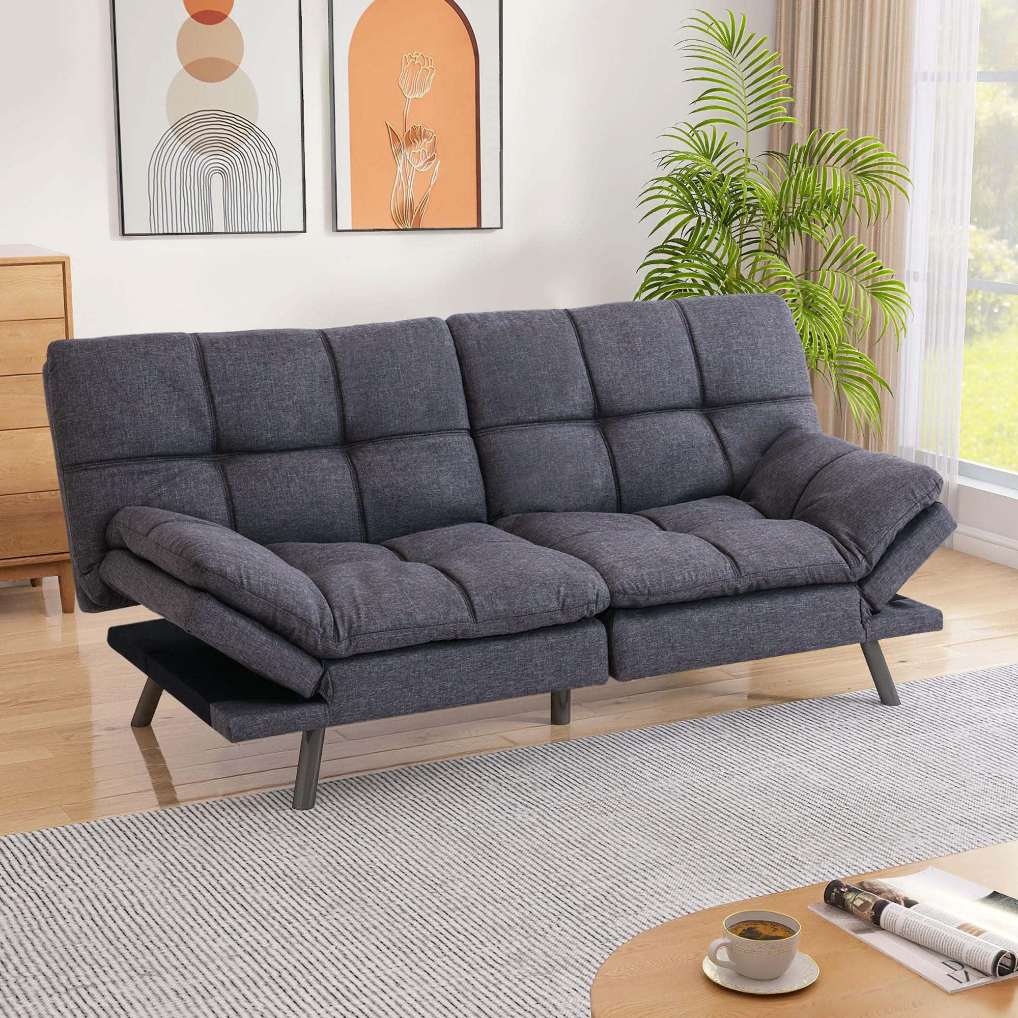 AMICLIBER Futon Sofa Bed Couch,Memory Foam Convertible Futon Couch,Linen Fabric Loveseat Sleeper Sofa Bed,Small Splitback Modern Sofa Bed for Living Room,Office,Apartment,Deep Grey