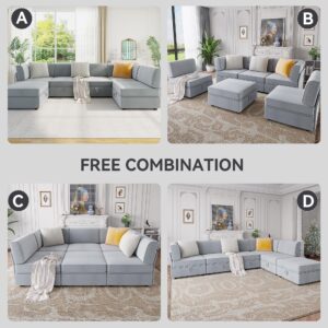 Lvifur 115” Sectional Couches for Living Room, Modern Modular Sofas with Storage, U/L Shaped 6 Seat Convertible Couch Sofa Set with Removable Cushion Cover (Light Grey)