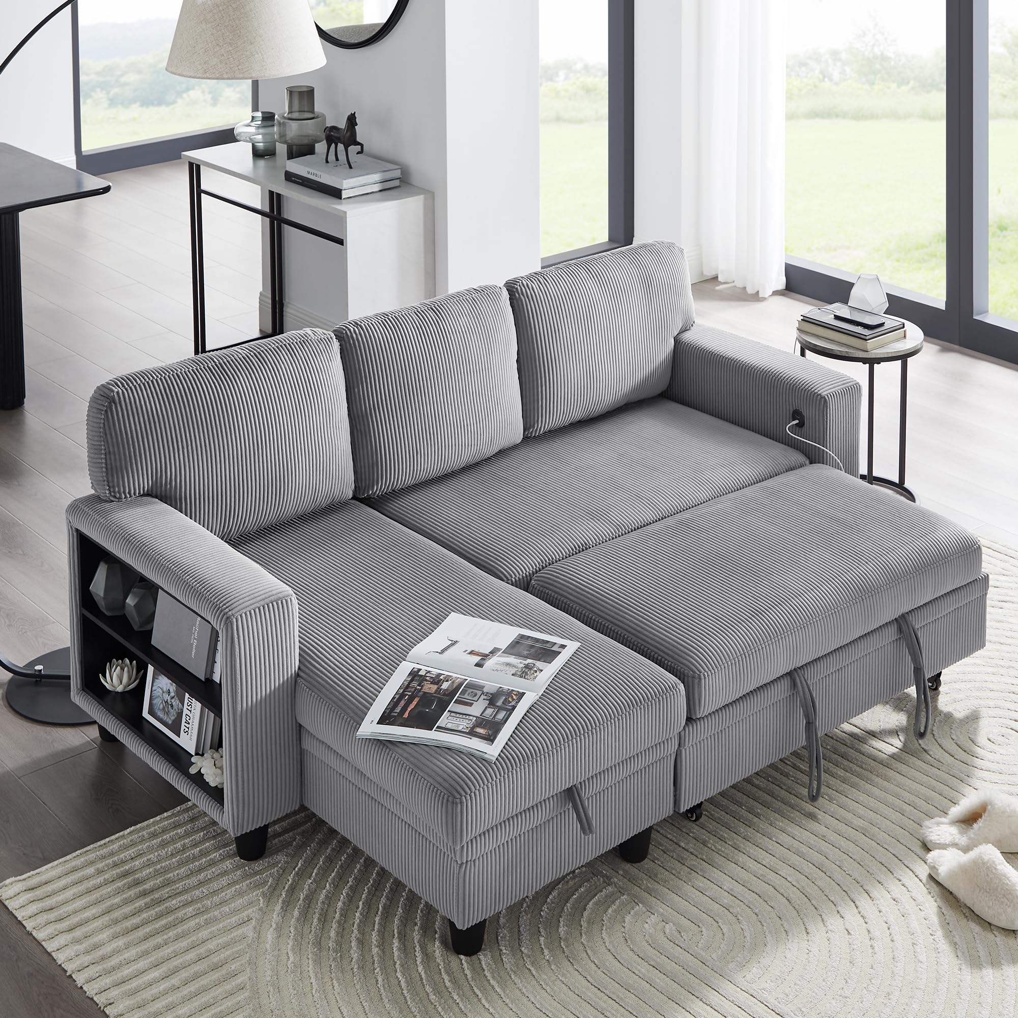 RedLemon 80”L-Shaped Sleeper Sofa Bed,Convertible Sectional Couch and Pull-Out Bed,with Storage Chaise,Built-in Bookshelves and USB Charging Ports - Light Grey