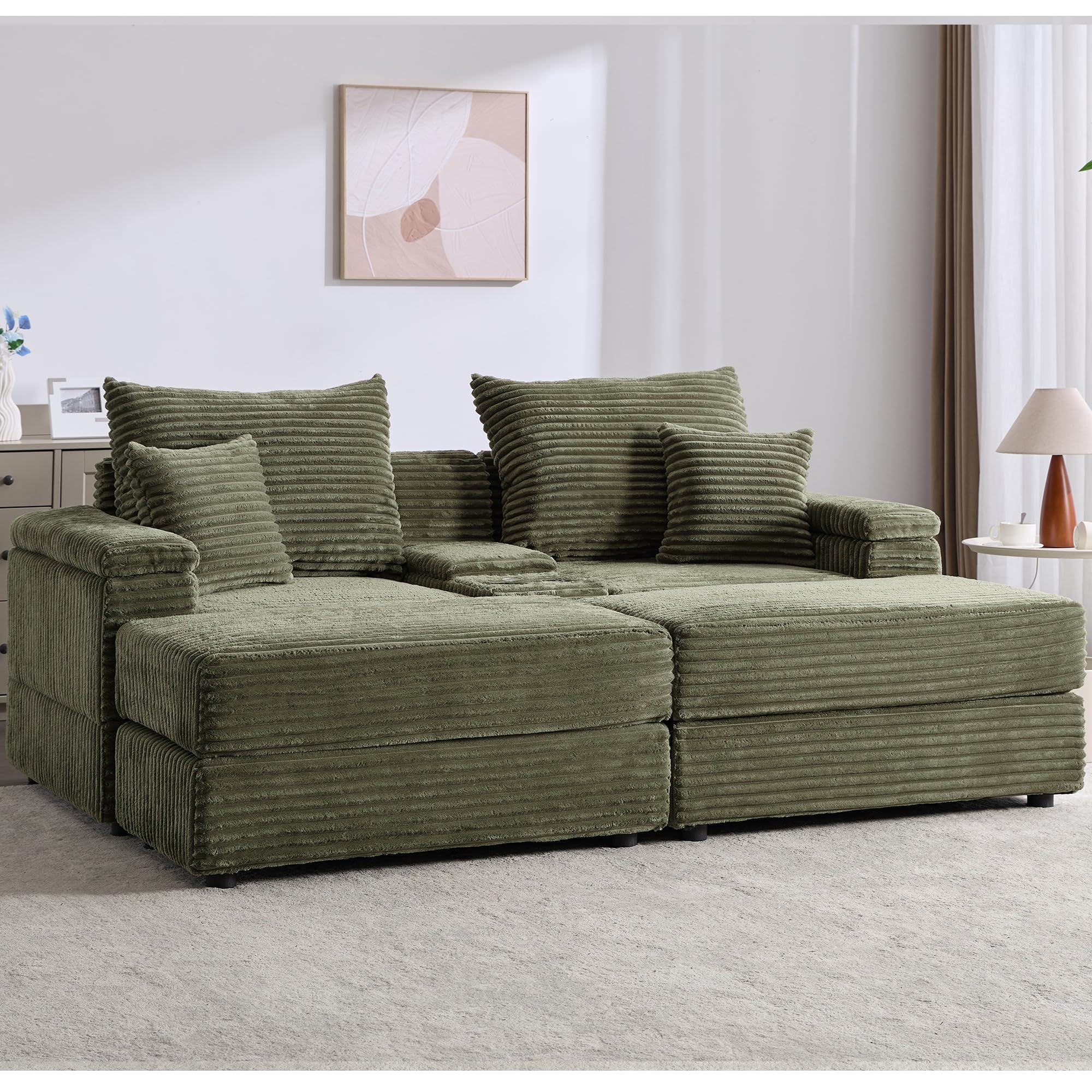 Suheww Oversized Loveseat Sectional Sofa Couch with Ottomans, Oversized 2-Seater Green Corduroy Chaise Lounge Chair with USB Ports, Corduroy Sofa Double-Upholstered Comfy Sleeper Sofa for Living Room