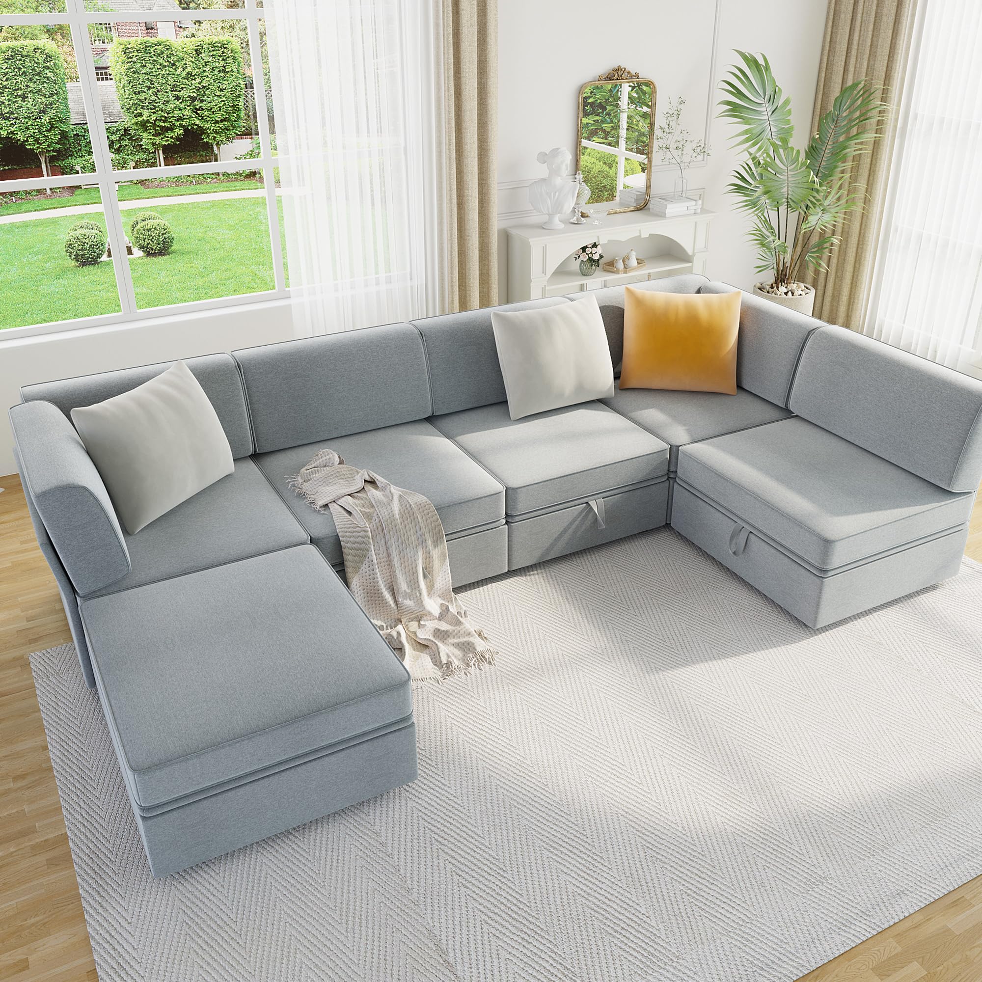 Lvifur 115” Sectional Couches for Living Room, Modern Modular Sofas with Storage, U/L Shaped 6 Seat Convertible Couch Sofa Set with Removable Cushion Cover (Light Grey)