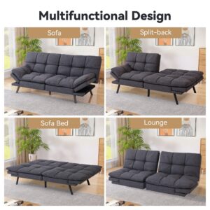 AMICLIBER Futon Sofa Bed Couch,Memory Foam Convertible Futon Couch,Linen Fabric Loveseat Sleeper Sofa Bed,Small Splitback Modern Sofa Bed for Living Room,Office,Apartment,Deep Grey