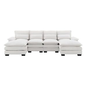 U Shaped Sectional Couches for Living Room, 110" Sectional Sofa with Waist Pillows, Symmetrical Sleeper Sofa Couch with Double Chaise Lounge, Modular Sofa for Living Room Furniture Sets, White