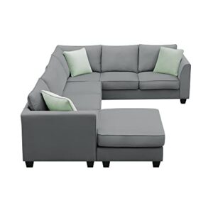 LostCat 112" Sectional Couches for Living Room Sets, 7 Seats Modular Couch with Ottoman, Fabric L Shape Couch with 3 Pillows, Convertible Corner Couch Set, Sectional Sofa Set for Living Room, Grey