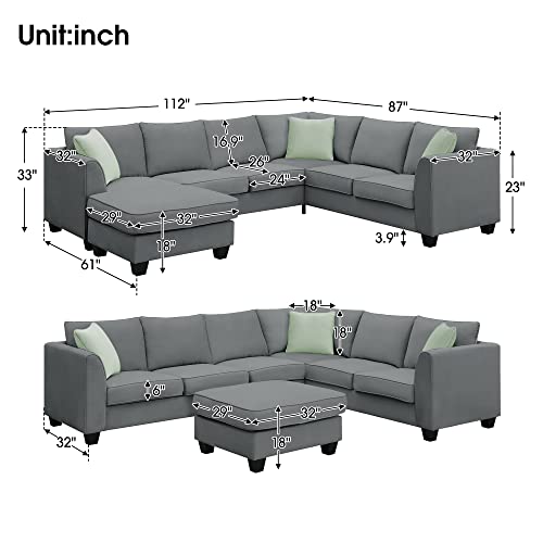 LostCat 112" Sectional Couches for Living Room Sets, 7 Seats Modular Couch with Ottoman, Fabric L Shape Couch with 3 Pillows, Convertible Corner Couch Set, Sectional Sofa Set for Living Room, Grey