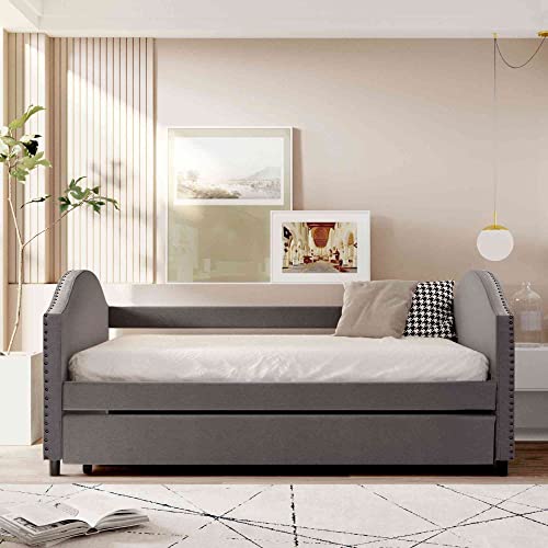 ATY Upholstered Full Size Daybed with Twin Size Trundle, Sofa Bed Bedframe Design for Small Space, Bedroom, No Box Spring Needed, 80.3" L x 55.1" W x 36.8" H, Gray