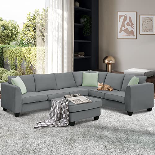 LostCat 112" Sectional Couches for Living Room Sets, 7 Seats Modular Couch with Ottoman, Fabric L Shape Couch with 3 Pillows, Convertible Corner Couch Set, Sectional Sofa Set for Living Room, Grey