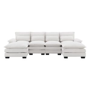 U Shaped Sectional Couches for Living Room, 110" Sectional Sofa with Waist Pillows, Symmetrical Sleeper Sofa Couch with Double Chaise Lounge, Modular Sofa for Living Room Furniture Sets, White