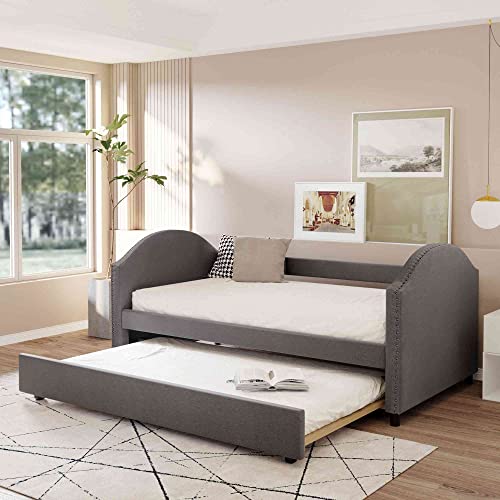 ATY Upholstered Full Size Daybed with Twin Size Trundle, Sofa Bed Bedframe Design for Small Space, Bedroom, No Box Spring Needed, 80.3" L x 55.1" W x 36.8" H, Gray