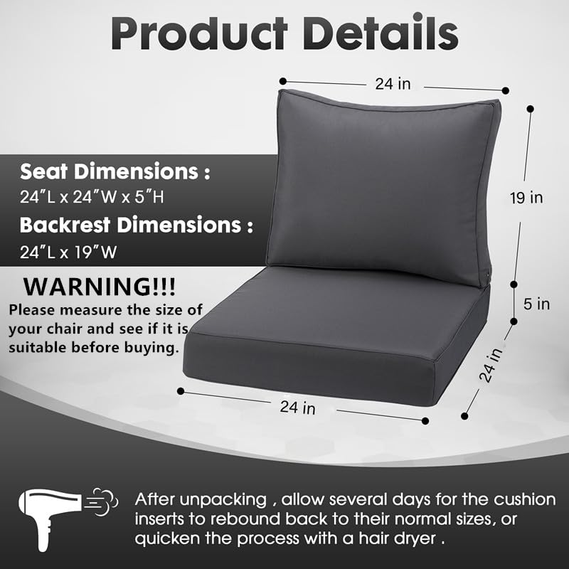 HERMOCE Outdoor Deep Seating Cushion Set, 24" x 24", Waterproof & Fade Resistant Patio Furniture Cushions with Handle, Deep Seat and Back Cushion for Chair and Sofa (3, Grey)