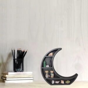 Aesthetic Moon Shaped Decorative Desk Shelf, Black Accent Shelf Cystals