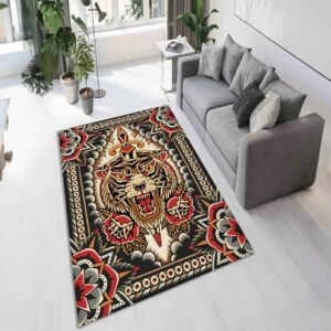 wisemandesign Tattoo Design Rug, Tiger Themed Rug, Traditional Tattoo Rug, Custom Rug, Popular Rug, Cheap Rug, Living Room, Personalized Gift,Gift for (62X82inch//160x210Cm)