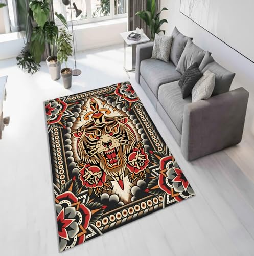 wisemandesign Tattoo Design Rug, Tiger Themed Rug, Traditional Tattoo Rug, Custom Rug, Popular Rug, Cheap Rug, Living Room, Personalized Gift,Gift for (62X82inch//160x210Cm)