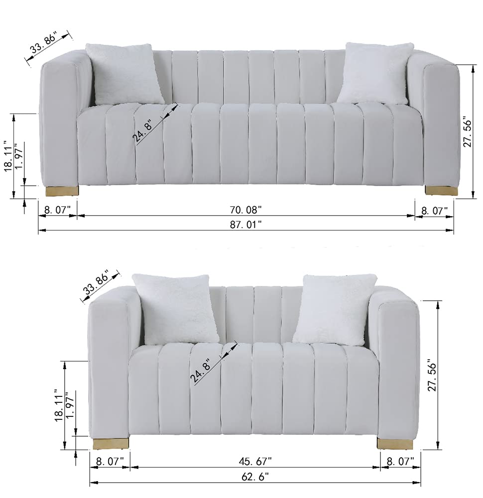 kevinplus Modern Sofa Couch 2 Set for Living Room, Velvet Chesterfield 2-Pcs Upholstered Sofa Couch for Apartment Bedroom Office, Strong Gold Metal Legs, Dark Grey