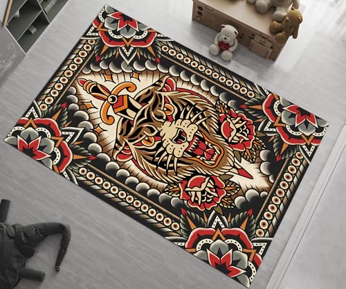 wisemandesign Tattoo Design Rug, Tiger Themed Rug, Traditional Tattoo Rug, Custom Rug, Popular Rug, Cheap Rug, Living Room, Personalized Gift,Gift for (62X82inch//160x210Cm)