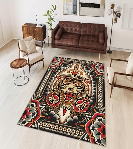 wisemandesign Tattoo Design Rug, Tiger Themed Rug, Traditional Tattoo Rug, Custom Rug, Popular Rug, Cheap Rug, Living Room, Personalized Gift,Gift for (62X82inch//160x210Cm)