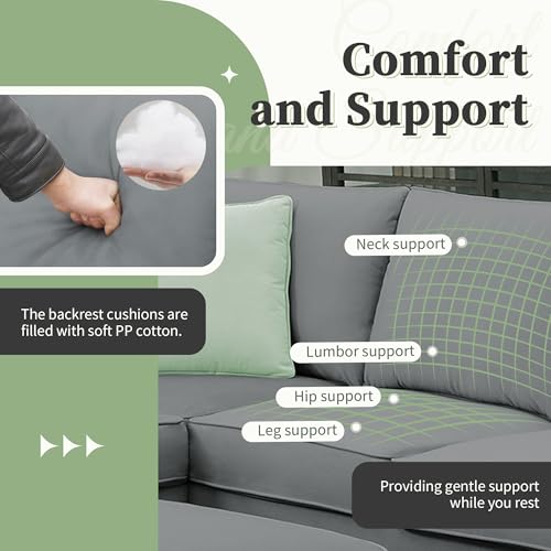 LostCat 112" Sectional Couches for Living Room Sets, 7 Seats Modular Couch with Ottoman, Fabric L Shape Couch with 3 Pillows, Convertible Corner Couch Set, Sectional Sofa Set for Living Room, Grey