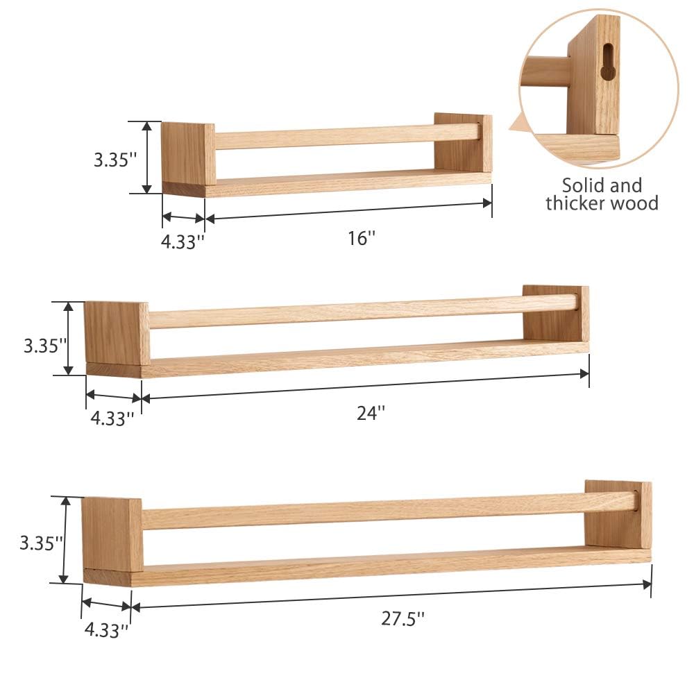 Oak Nursery Floating Shelves 27.5 inches Wall Mounted Nursery Shelf Wood Bookshelf Wall Shelves for for Bedroom Living Room Kitchen Spice Rack