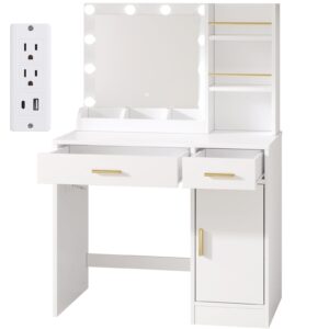 amerlife 35.5" make up vanity desk with mirror and lights, vanity with lights 3 models settings & power outlet, vanity desk with 2 drawers, 1 cabinets, shelves, makeup vanity for bedroom, white